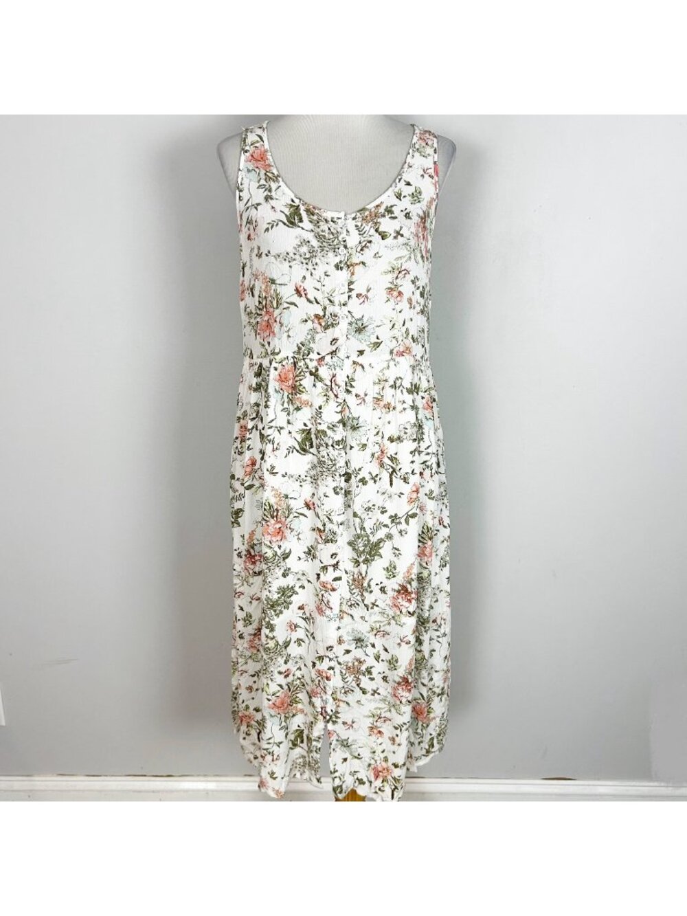 Frye Boho Floral Midi Tank Dress Button Front Gauzy Flowy Size Large Women's
